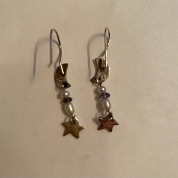 EARRINGS Sterling Silver 925 wires moon star drop crystal pierced celestial - Picture 5 of 7